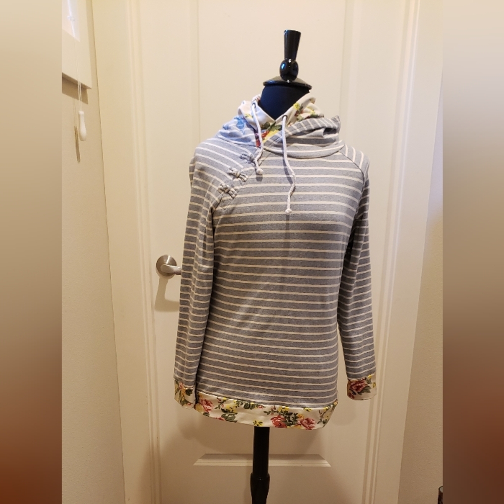 & Womens Striped Hoodie with Floral Trim